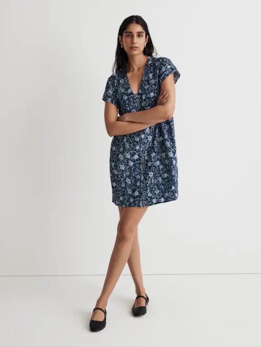 Madewell Classic Indigo Bkue Floral Button-Front V-Neck Short-sleeve Mini Dress